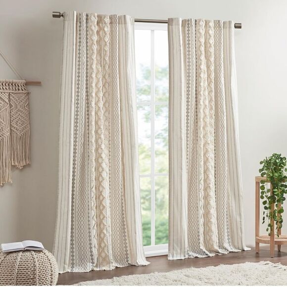 INK+IVY Imani 100% Cotton Boho  Chenille Stripe Geometric Print Curtains - Picture 1 of 10